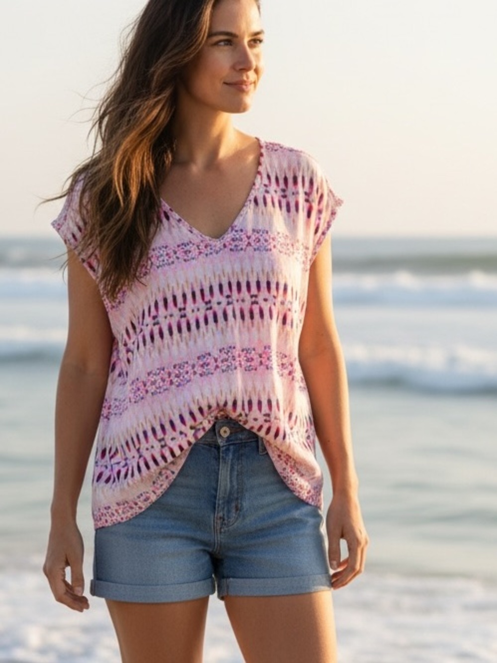 STYLUS Pink Multicolor Sleeveless V-Neck Geometric Print Top